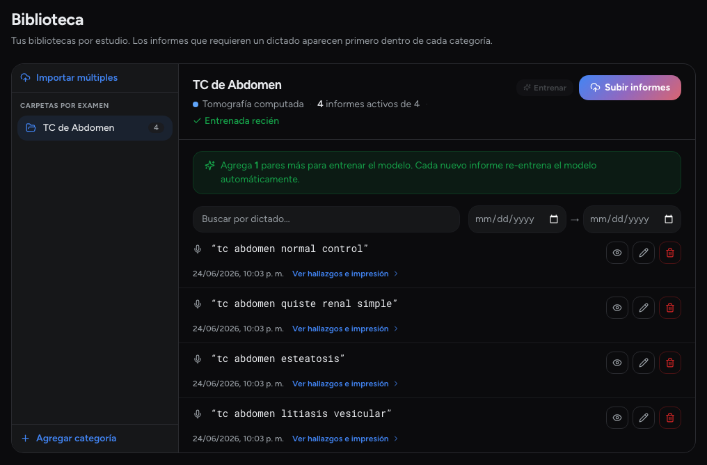 Biblioteca de MedSensei con la carpeta TC de Abdomen: cuatro informes de referencia, cada uno con su dictado, su fecha y el acceso a hallazgos e impresión.